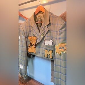 Green Plaid Blazer with Bear Patches